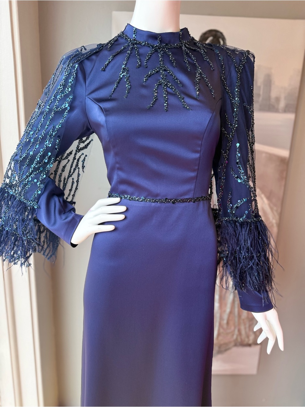 Elegant Navy Evening Dress with Beaded Sheer Sleeves